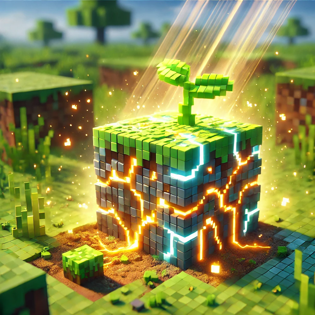 DALL·E 2024 11 13 19.58.28 A close up view of a Minecraft inspired growth accelerator block in a lush green environment. The block has a unique texture resembling energized s