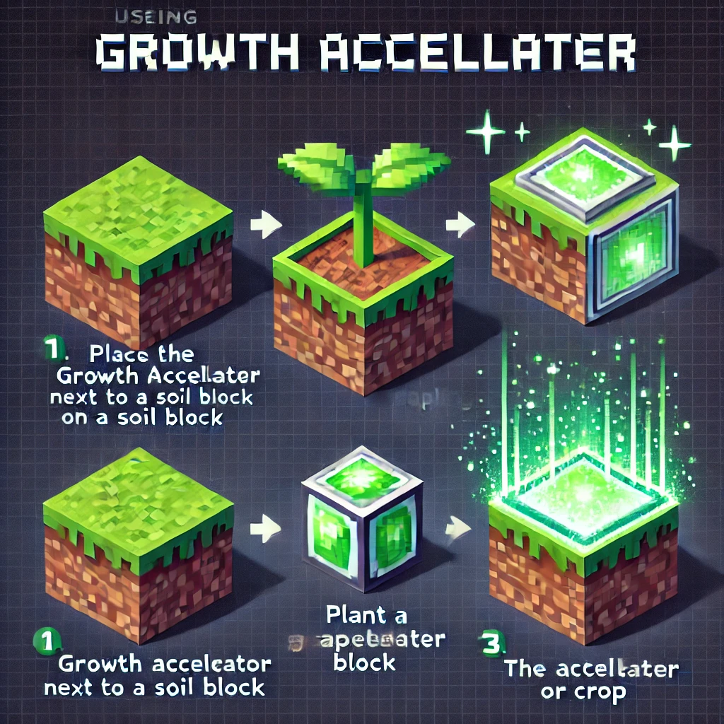 DALL·E 2024 11 13 20.11.30 Instructional diagram for using a Minecraft growth accelerator. Step by step guide in a 3D Minecraft inspired scene 1. Place the growth accelerator b